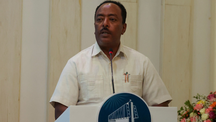 Redwan Hussein, National Security Advisor to the Prime Minister of Ethiopia, speaks during the signing ceremony of the Memorandum of Understanding agreement between Ethiopia and Somaliland, that allows Ethiopia to use a Somaliland port, in Addis Ababa, Ethiopia, on January 1 2024.