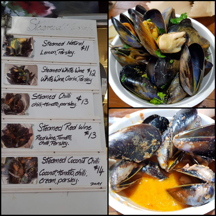 Queen Victoria Market. Menu at the Mussel Pot (Left). Mussels steamed with White Wine, Garlic and Parsley (Top Right) and Mussels steamed with Coconut Chilli, tomato, cream and parsley (Bottom Right). 