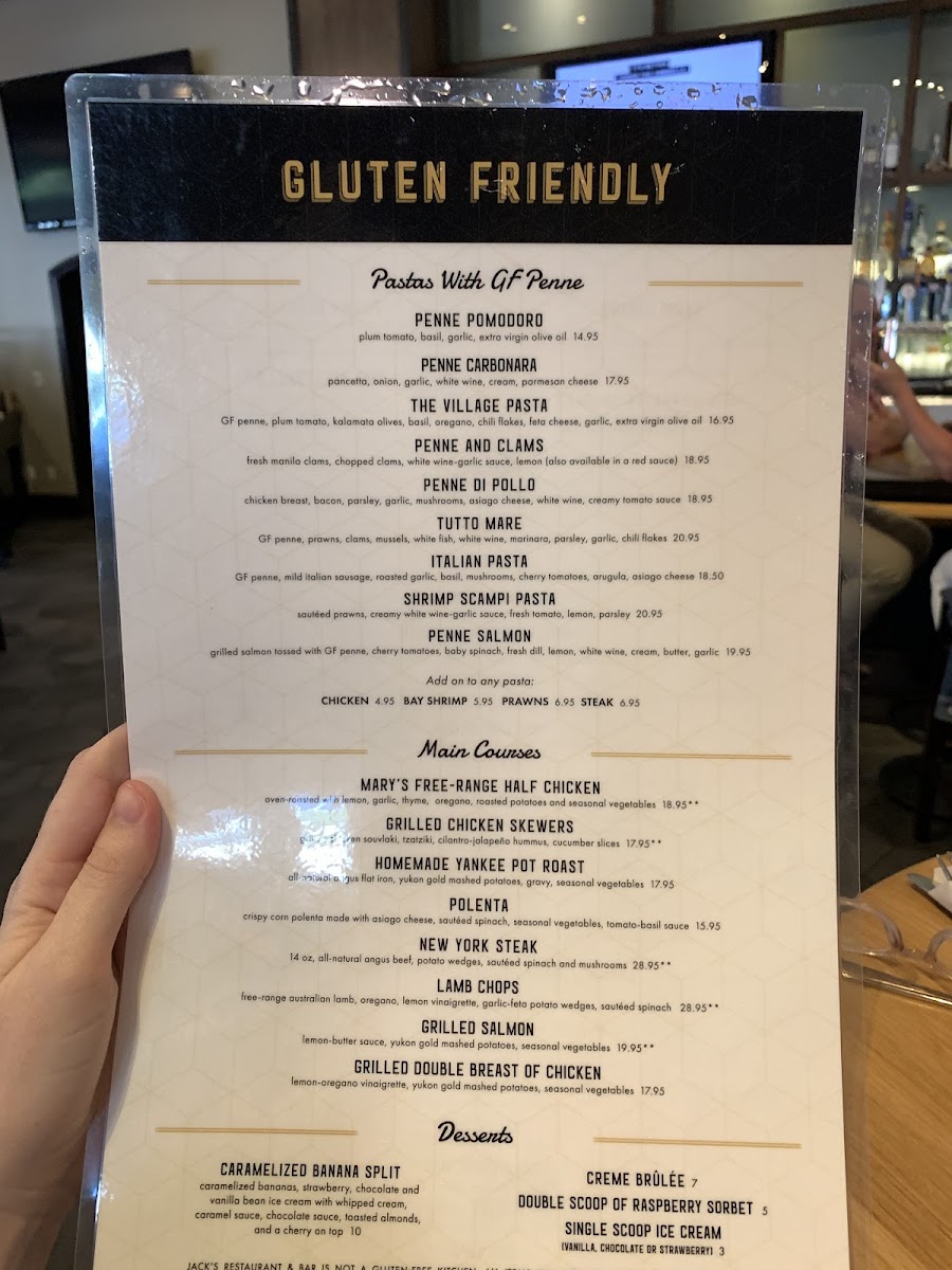 Jack's Restaurant & Bar gluten-free menu