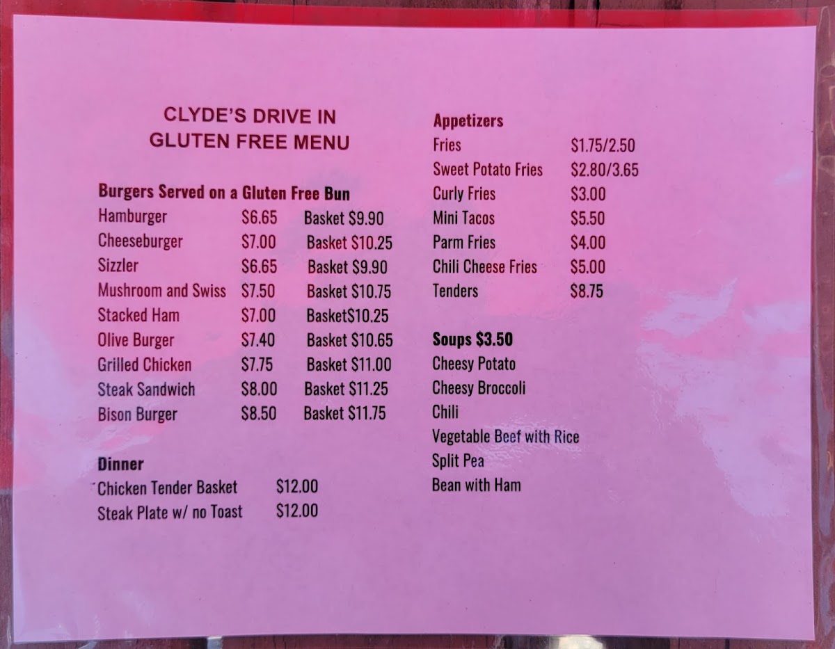 Clyde's Drive-In gluten-free menu