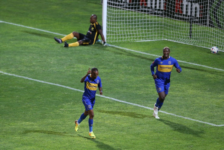 Bradley Ralani (L) of Cape Town City FC celebrates with teammate Judas Moseamedi during the 2018 CAF Confederation Cup match against Young Buffaloes FC at Athlone Stadium on February 20, 2018 in Cape Town, South Africa.