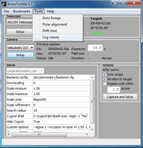 AstroTortilla: Tools -> Log Viewer