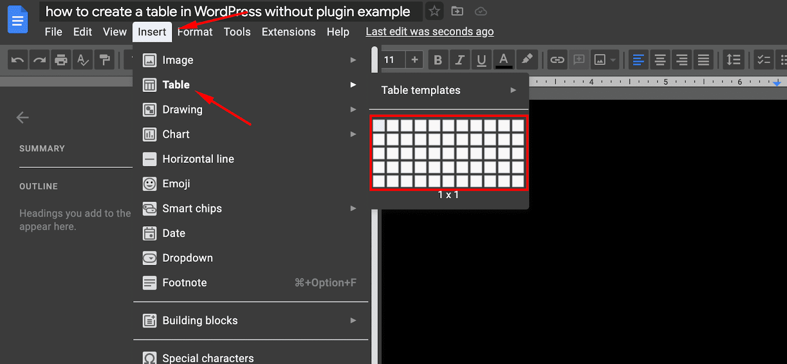 Create a Table in WordPress Without Plugin select insert table on google doc