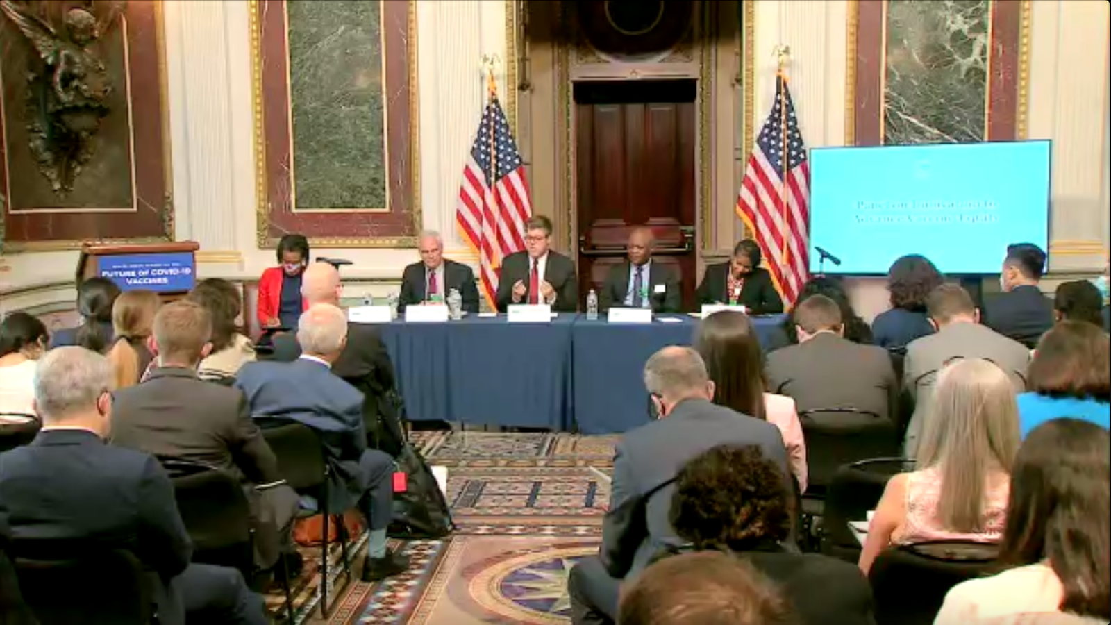 Kody Kinsley (center), Secretary of the N.C. Department of Health & Human Services, speaks at the White House on July 26 during a panel on advancing vaccine equity. He was joined by three other panelists.