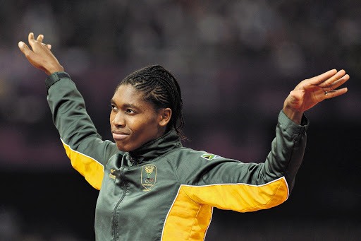 Caster Semenya on the podium before receiving her silver medal for her performance in the women's 800m at the Olympic stadium in London.