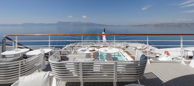 View of the sun deck on the luxury expedition ship Le Lyrial. 