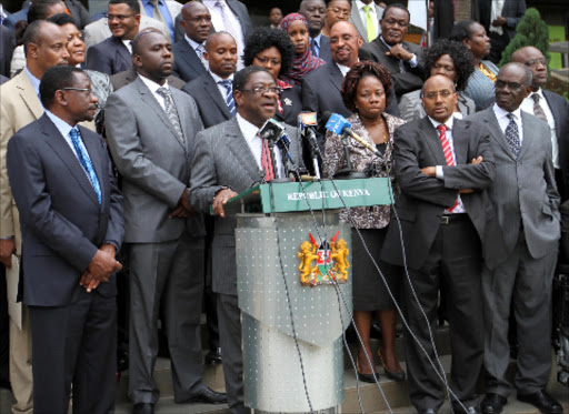 Busia Senator Amos Wako flanked by other senators addresses the press conference at KICC on June 11, where they vowed to move to court this morning to seek legal interpretation on revenue Bill