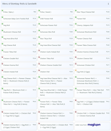 Bombay Rolls & Sandwith menu 