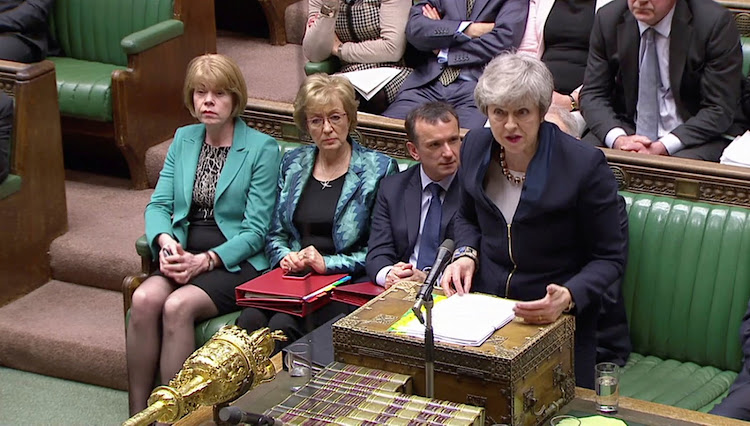 Britain's Prime Minister Theresa May speaks in the Parliament in London, Britain April 3, 2019, in this screen grab taken from video.