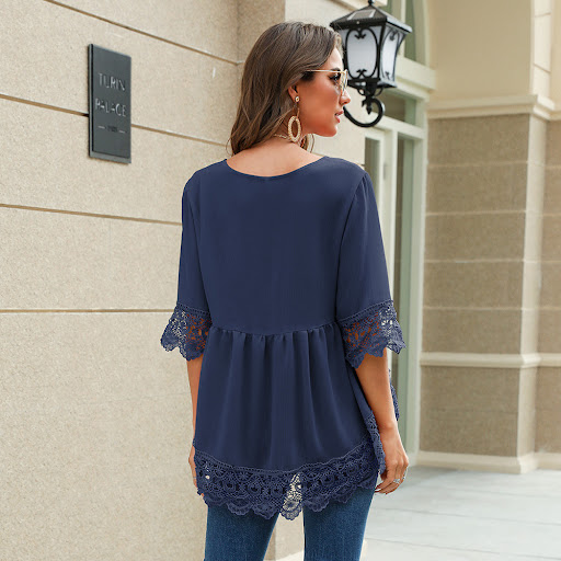 Title 39, Chiffon Shirt Half Sleeve Lace Hollow Lace Loos...