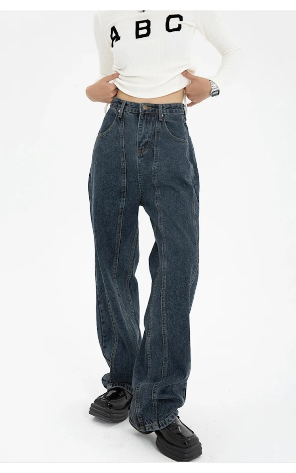 Jean Droit Américain Rétro Design Double Ligne de Pression Style High Street Taille Haute Confort et Style pour un Look Tendance