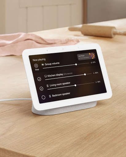 Nest Hub on table with rolling pin in background.