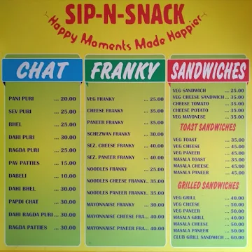 Sip N Snack menu 