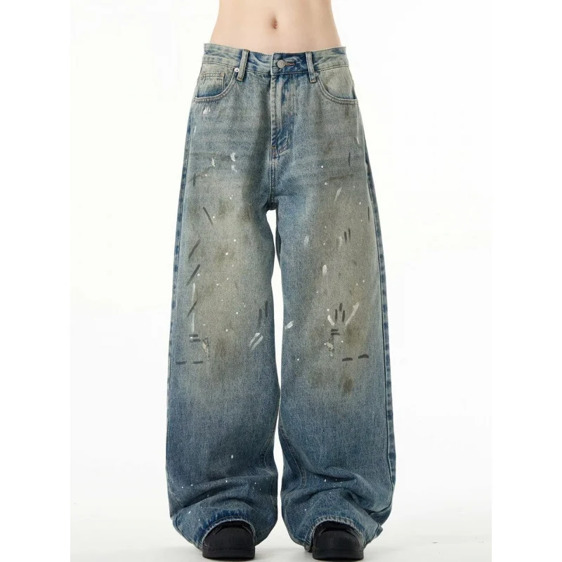 Splash-ink Muške Farmerke Retro Ispirane, Oštećene, Široke Ravne Pantalone. Udobne i moderne farmerke za ležeran izgled, savršene za svakodnevnicu.