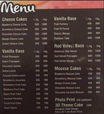 Cake Walas menu 