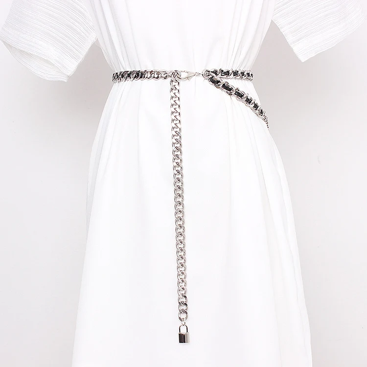 Cadena de cintura coreana versátil para mujer, cinturón delgado de metal para vestido, suéter, abrigo de piel, adorno femenino, realza la figura.