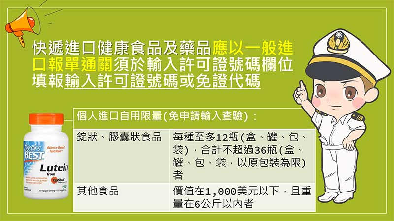 財政部關務署表示，民眾跨境網購、親友餽贈或透過代購進口物品，經常以快遞形式運送至臺灣，惟應注意相關輸入規定，部分貨品(例如:食品、健康食品、藥品、動植物產品等)須相關主管機關同意或查驗合格，始得進口，為利相關主管機關查核(驗)，依據空(海)運快遞貨物通關辦法第12條第1項第2款規定，須以一般進口報單辦理通關，不得以快遞簡易申報單方式通關。