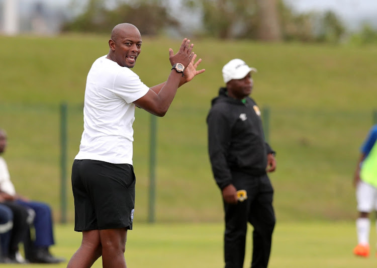 Papi Zothwane, coach of Uthongathi reacts during the Motsepe Foundation Championship match against Black Leopards at Princess Magogo Stadium in Durban.