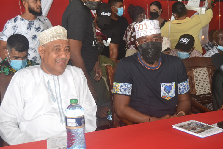 Former Lamu Governor Issa Timammy and Mombasa Governor Hassan Joho during a rally in Lamu on Saturday.