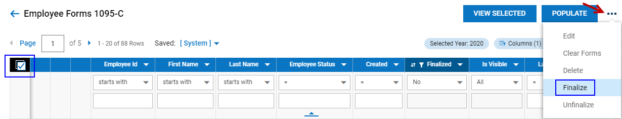 Selecting all checkbox and finalize from the dropdown