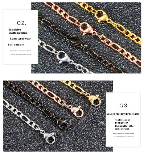 Title 18, Simple Titanium Steel Flat Figaro Chain Necklac...