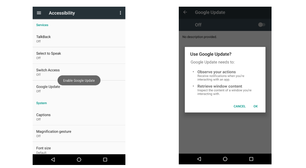 Screenshot of Android Accessibility Settings with Google Updates Seeking permission