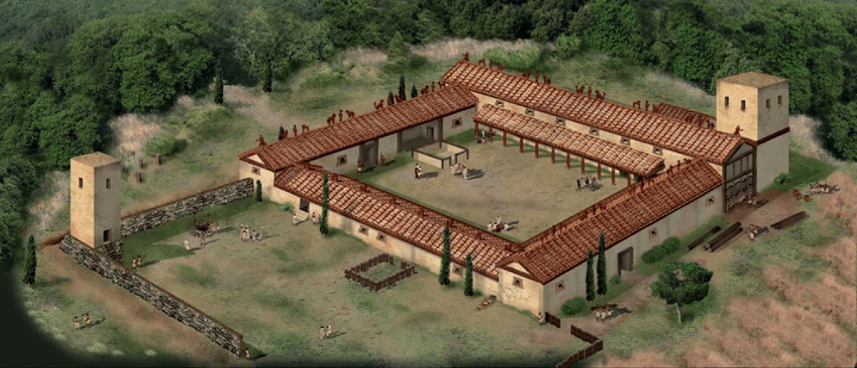 Poggio Civitate, Ricostruzione del Complesso Arcaico, 600–535 a.C., raffigurante la possibile sistemazione degli acroteri