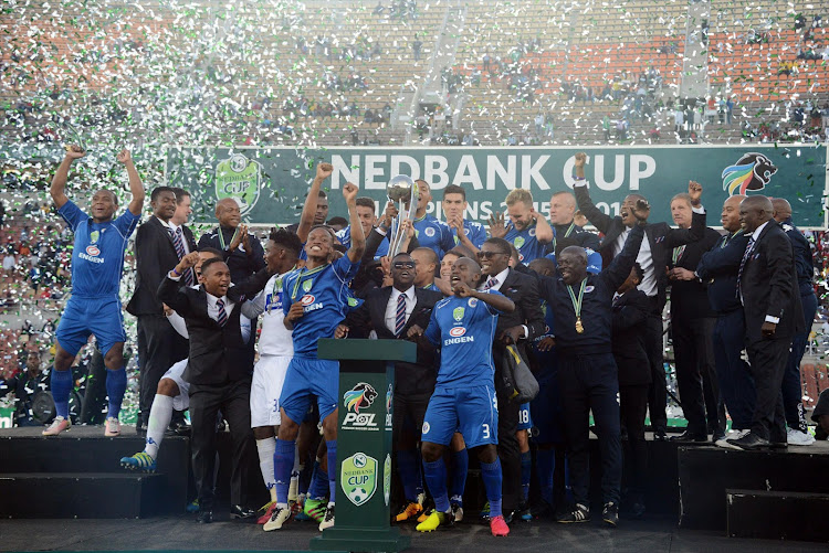 Last years champions SuperSport United celebrate during the Nedbank Cup Final between SuperSport United and Orlando Pirates at the Peter Mokaba Stadium on May 28, 2016 in Polokwane, South Africa.