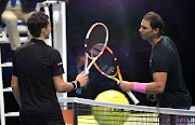 Spain's Rafael Nadal and Austria's Dominic Thiem after their group stage match at the ATP Finals in London on November 17 2020. 