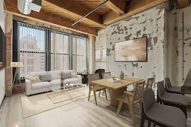 Modern urban loft apartment with exposed brick, large windows, wooden beams, living and dining area, with contemporary furniture.