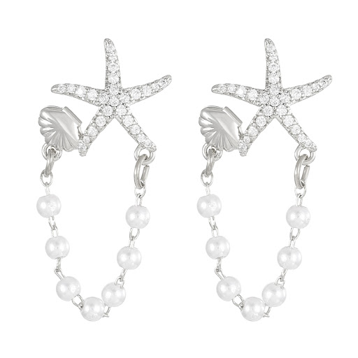 Title 5, Fashion Diamond Starfish Shell Pearl Earrings a...