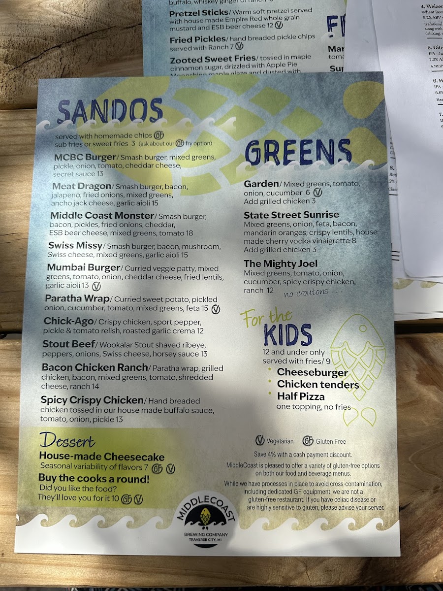 MiddleCoast Brewing Company gluten-free menu