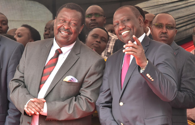 DP William Ruto and ANC leader Musalia Mudavadi during the installation of new Kericho Catholic Diocese Bishop Alfred Rotich in Kericho town on Saturday, February 15, 2020.