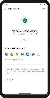 An image of a phone displaying the message ‘No harmful apps found’ and icons of different Android apps under the heading ‘Recently scanned apps’.