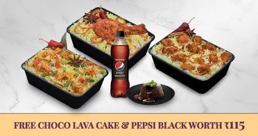 Any 3 Biryanis [FREE Choco Lava Cake & Pepsi Black]