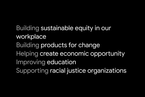 Sur un fond noir, le texte suivant s'affiche : "Développer l'égalité de manière durable sur nos lieux de travail ; Concevoir des produits pour accompagner le changement ; Contribuer à la création d'un environnement porteur sur le plan économique ; Améliorer l'éducation ; Soutenir les organisations engagées pour la justice raciale".