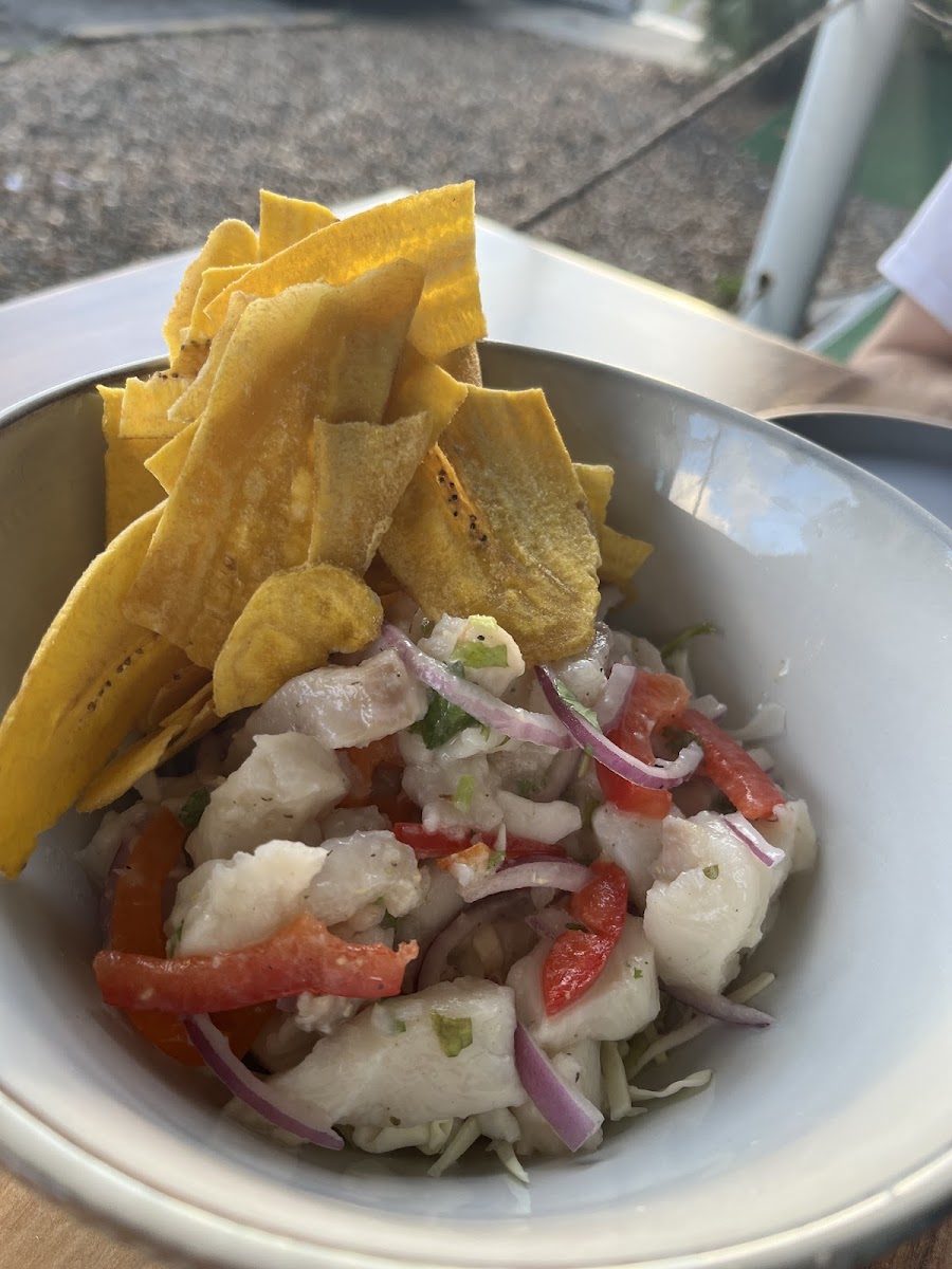 Limón and coconut ceviche with plantain chips