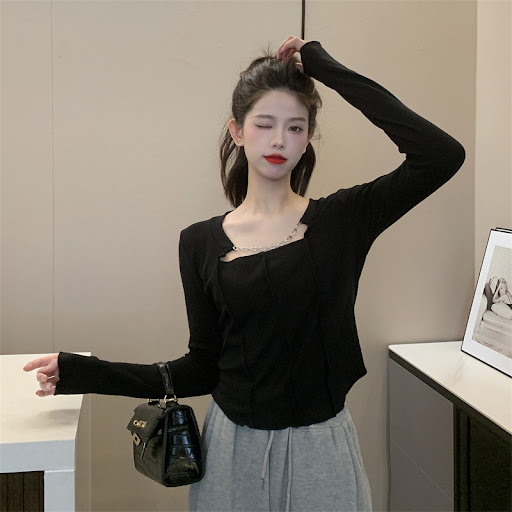 Title 12, Long Sleeve Plus Size T-shirt Women Chain Slim Top