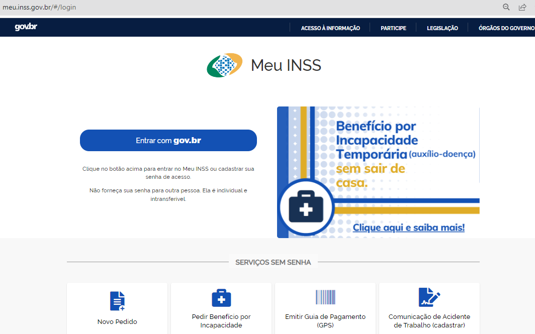 Site de entrada do Meu INSS