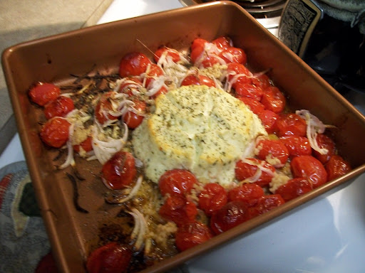 Boursin Cheese Substitute in a pan with olive oil, tomatoes and onions,