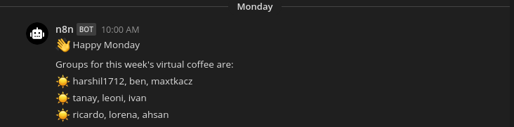 A Mattermost chat window with a message posted by the n8n bot announcing the groups for the weekly coffee chats.