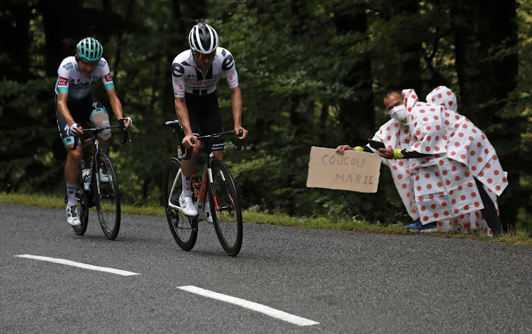 Team Sunweb rider Marc Hirschi of Switzerland and BORA-Hansgrohe rider Lennard Kaemna of Germany in action during stage 9 of the Tour de France at Pau to Laruns in France on September 6, 2020.