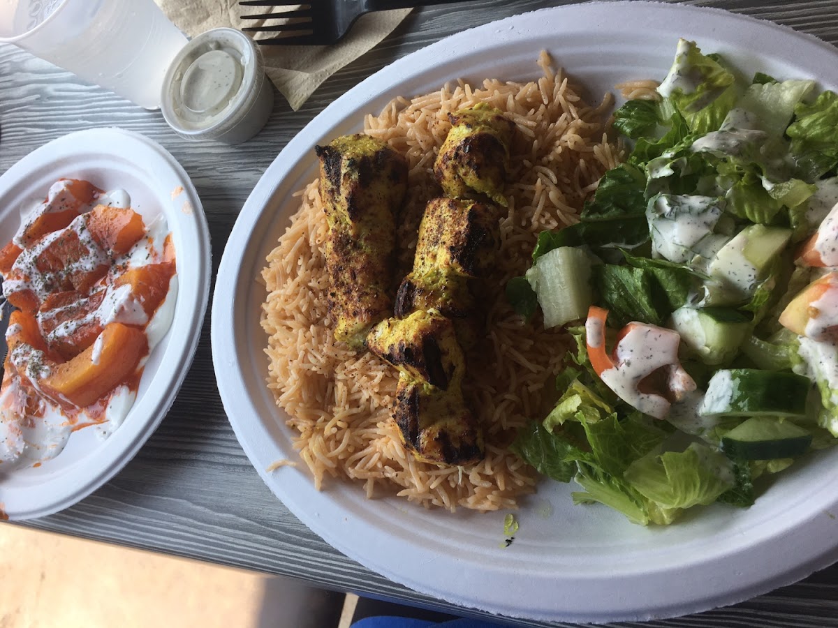 Squash side (Kadu) and chicken kabob rice plate