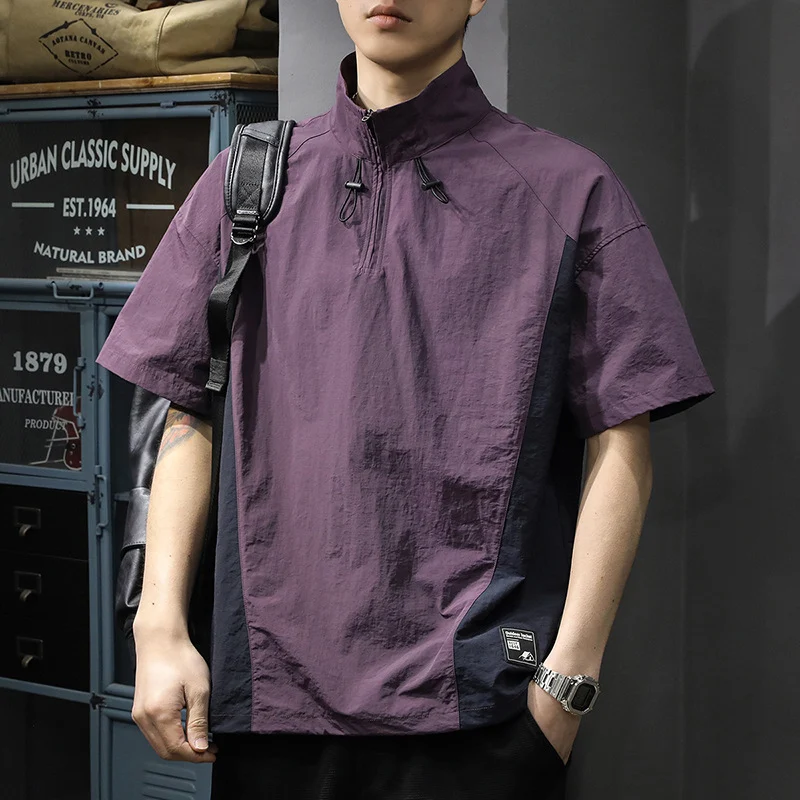 Camicia da uomo Business T-shirt Casual americana con mezza zip e collo alto. Stile moderno e confortevole, ideale per lavoro e tempo libero.