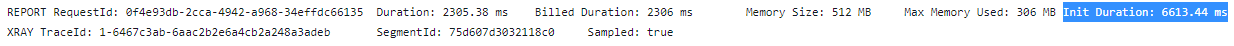 Imagem que mostra o tempo de inicialização de uma Lambda em Java sem SnapStart. O tempo registrado é de 6613 ms.