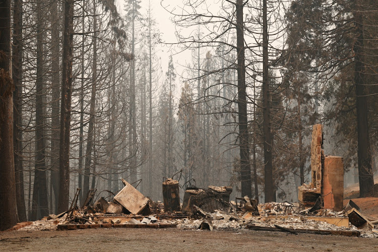 The debris of Fred Batten's destroyed property are seen after the Caldor Fire overran the El Dorado County town of Grizzly Flats, California, US, August 18, 2021.