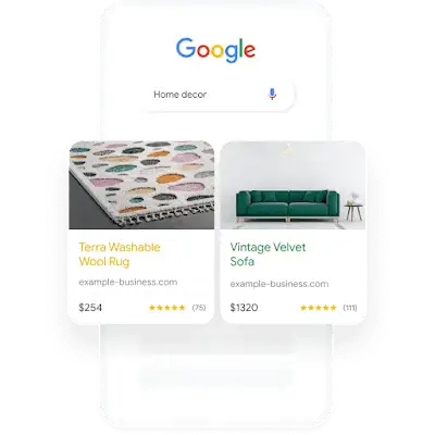 Illustration of a phone shows a Google search query for Home Decor that results in two relevant Shopping Ads.