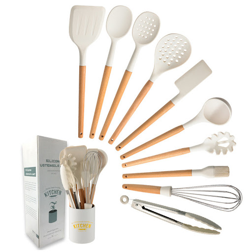 Title 6, Creamy white wooden handle silicone kitchenware...