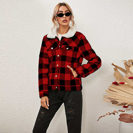 Title 4, Womens Plaid Fur Collar Plus Velvet Padded Coa...