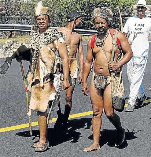 PROUDLY KHOISAN: MPL Christian Martin, left, and Chief Khoisan SA lead a group to Bhisho earlier this year